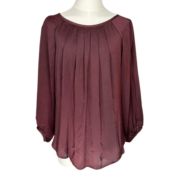 4/$20 LOFT Pleated Blouson Blouse Burgundy Plum Tie-Back Long Sleeve Top Small - Picture 3 of 6